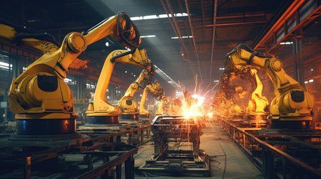 Automobile assembly line production, Industry Auto parts large factory with robots.の素材