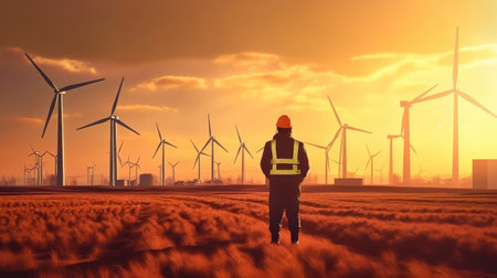 Engineer wearing uniform and helmet walking survey the land area at wind turbines farm.の素材