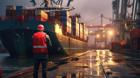 Rear view of dock workers standing in shipyard, Industry with cargo ship.の素材