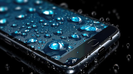 Drops on a smartphone, Smartphone in waterdrops waterproof phone.の素材