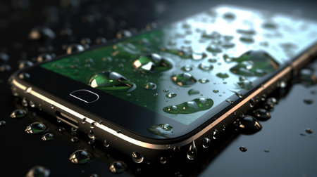 Smartphone in waterdrops, waterproof phone, wet phone.の素材