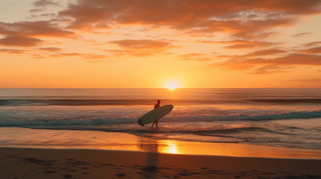 Surfer walking observing the surf on a beach at sunset.の素材