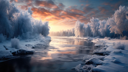 Beautiful magical winter landscape, Winter wonderland frozen lake.の素材