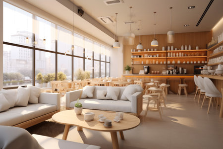 Modern minimal comfortable coffee shop seating area interior design with wood tables and armchairs, long sofa.の素材