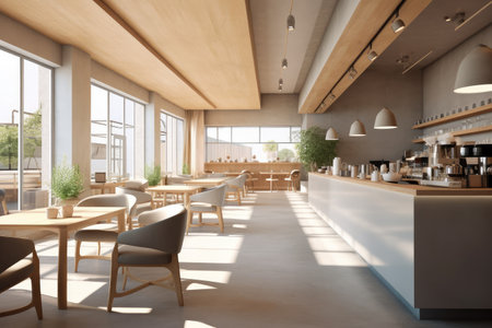 Modern minimal comfortable coffee shop seating area interior design with wood tables and armchairs, long sofa.の素材