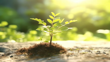 Young plant growing on dirt with sunshine in nature, Growth of new life on background.の素材