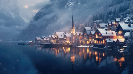 Hallstatt lakeside town in the Austrian Alps reflecting in Hallstattersee lake on a winter time with snow.の素材