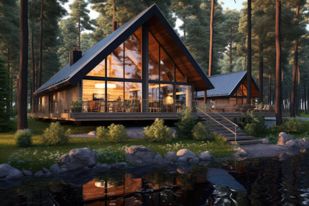 Beautiful modern wooden cottage villa by a lake surrounded by trees in the mountains, Minimal style.の素材