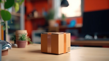 Packing accessories at workplace of startup small business owner, cardboard parcel box for online selling.の素材