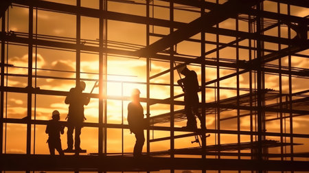 Silhouette of construction worker checking project at building site background, Construction site at sunset in evening time.の素材