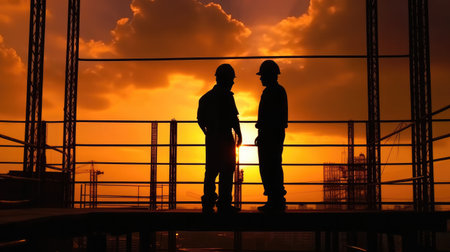 Building workers working on a building under a sunset, Builders at the construction site.の素材