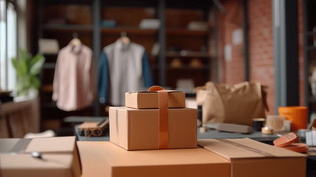 Packing accessories at workplace of startup small business owner, cardboard parcel box for online selling.の素材