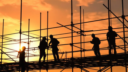 Silhouette of construction worker checking project at building site background, Construction site at sunset in evening time.の素材