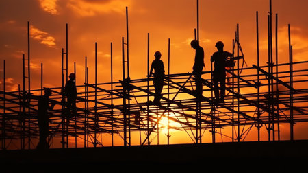 Silhouette of construction worker checking project at building site background, Construction site at sunset in evening time.の素材