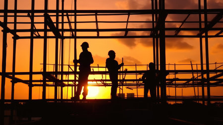 Silhouette group of construction worker are working working on scaffolding in building under construction.の素材