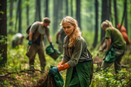 Volunteers picking up trash in the forest, Clean planet Earth, collect garbage, avoid pollution, save environment.の素材