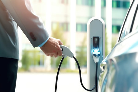 Closeup hand holding EV charger plug from public charging station for electric vehicle, eco-friendly sustainability energy car concept.の素材