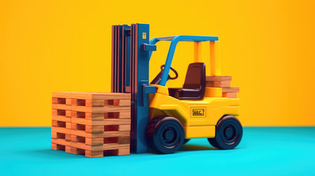 Toy forklift, Electric forklift loads, Rider stacker with boxes on pallet isolated on background.の素材