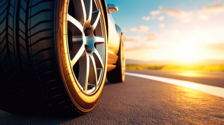 Tires on the asphalt road, Low angle side view of car driving fast at sunset.の素材