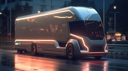 Electric autonomous truck, Futuristic Technology Concept, Autonomous Self, Truck with Cargo Trailer Drives on the Road with Scanning Sensors.の素材