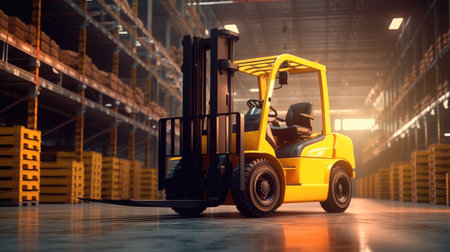 High Rack Stacker Forklift in Distribution Warehouse, Warehouse full of goods and a forklift in action, Trade and logistics concept.の素材