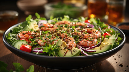 Fresh salad with avocado, shrimps, red tomatoes, arugula, onion and sesame seeds.の素材