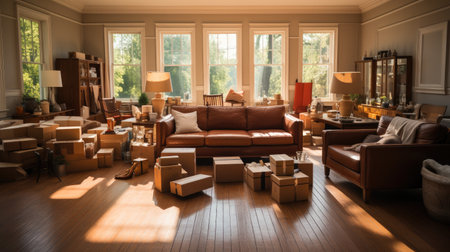 Moving stuff to a new house, Packed household stuff for moving into new house.の素材