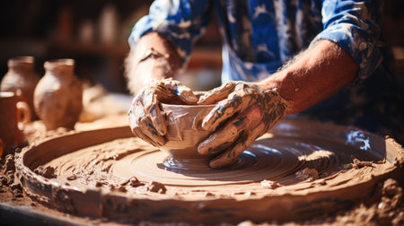 Hands of potter do a clay pot, Potter's hands doing pottery.の素材