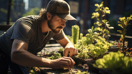 Owner working in an urban garden on a roof, Natural vegetable garden plant grow organic work, E-commerce community, architecture and landscape.の素材