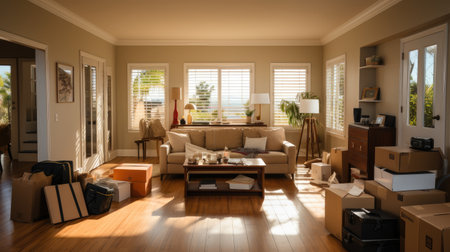 Moving day concept, cardboard carton boxes stack with household belongings in modern house living room, relocation, renovation, removals and delivery service.の素材