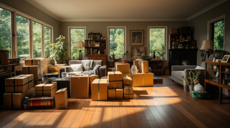 Moving stuff to a new house, Packed household stuff for moving into new house.の素材