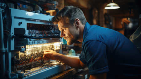 Electrician inspect and installing switchboard with an electrical connecting cable.の素材