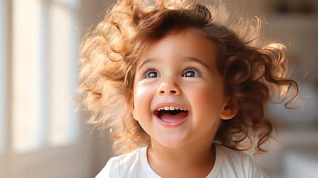 Close up of little boy laughing.の素材
