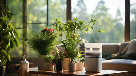 air purifier in living room with plants, Air purifier for filter and cleaning removing dust PM2.5.の素材