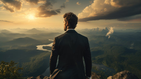 Success, Businessman standing on the top of the mountain looking at the valley, , competition and leader concept.の素材