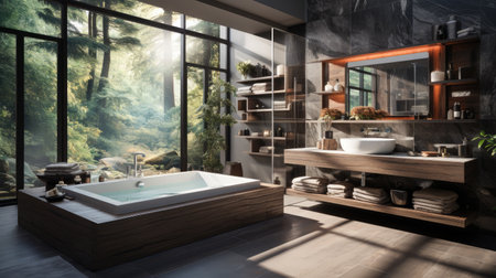 Luxury bathroom with garden view, Showered by natural light in modern style.の素材