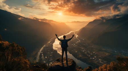 Man standing on top of the mountain, Man raising arms victoriously after climbing the mountain, Winner and Success concept.の素材