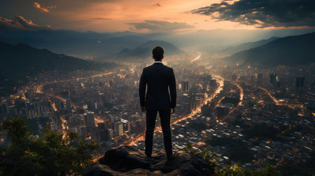 Success concept with businessman standing on mountain top and looking at city.の素材