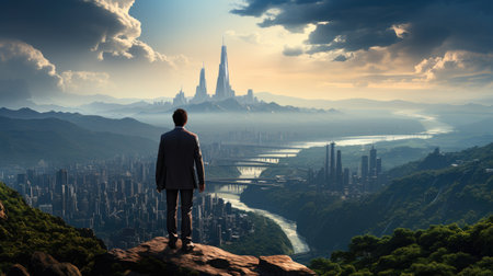 Back view of businessman standing on mountain top looking at cityscape, Competition and leader concept.の素材