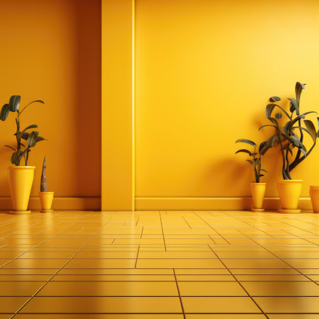 A potted plant on floor with a yellow background.の素材