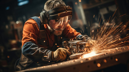 Worker grinding metal, metal grinding machine with sparks, metal sawing.の素材