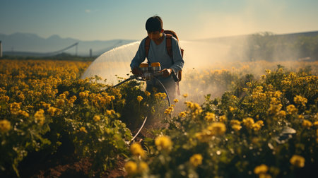 Farmer spraying pesticides in the field.の素材