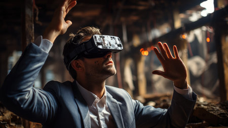 Man in formal clothes is playing VR game in the building On the construction site.の素材