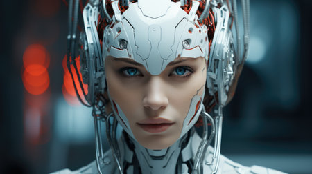 Robot face like real women, Futuristic artificial intelligence robot woman.の素材