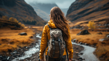 Hiker walking on a road at mountain, Tourist Woman hiking on footpath in autumn forest.の素材