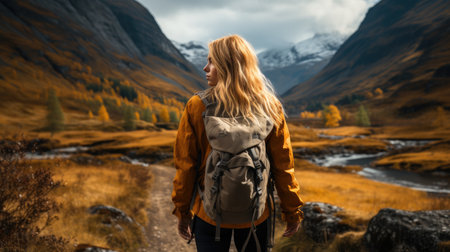 Hiker walking on a road at mountain, Tourist Woman hiking on footpath in autumn forest.の素材