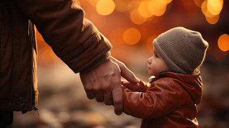 Close up of father holding little boy hand, New family, care, Love and baby protection concept.の素材