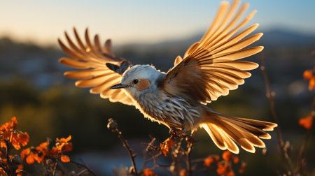 Closeup of the scissor-tailed flycatcher, Tyrannus forficatus flying against a nature background.の素材