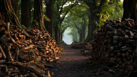 Stack of mangrove woods at charcoal factory.の素材
