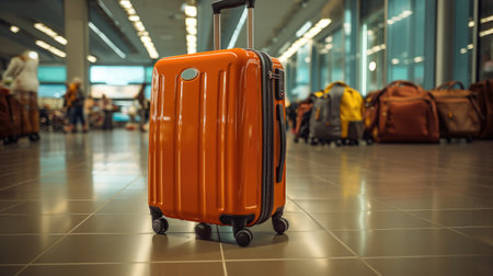 Large polycarbonate suitcase in the airport terminal, travel concept of baggage or luggage.の素材